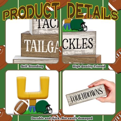 Lineshading 4 Pcs Fall Football Table Decor, Wood Block Sign Home Shelf