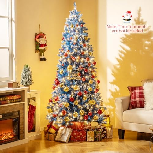 HAPPYGRILL 7 FT Pre-lit Christmas Tree Blue Hinged Artificial Xmas Tree with 340 Warm White LED Lights, 8 Modes, 1062 Frosted Branch Tips, Folding Metal Base, for Home Party Holiday