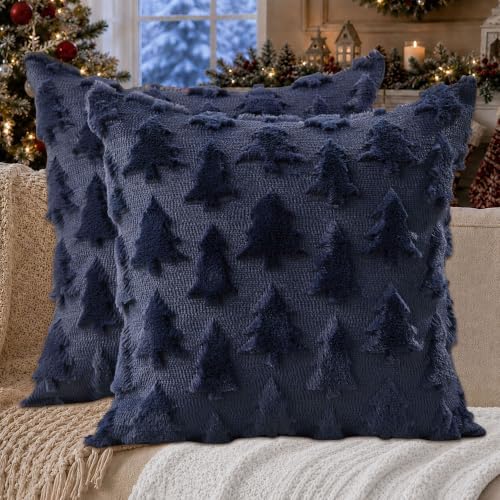 DFXSZ Christmas Tree Pillow Covers 18x18 Set of 2 Christmas Decor Navy Blue