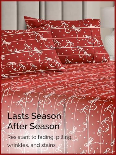 Christmas Sheet Set, Christmas Ribbon, Holiday Xmas Bedding Set - Full Size