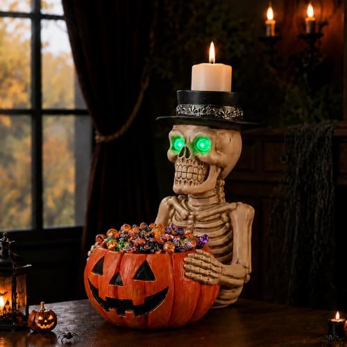Halloween Skeleton Pumpkin Candy Bowl with Glowing Eyes