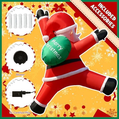 6FT Hanging Santa Inflatable from Roof with LED Lights for Yard