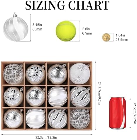 SHareconn 12ct 3.15 Inch Christmas Tree Balls Ornaments, Silver&White, 80mm