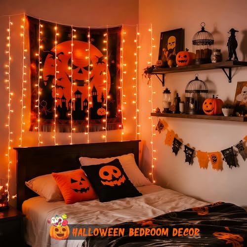 JMEXSUSS 300LED Orange Halloween Curtain Lights with Remote, 9.8x9.8ft