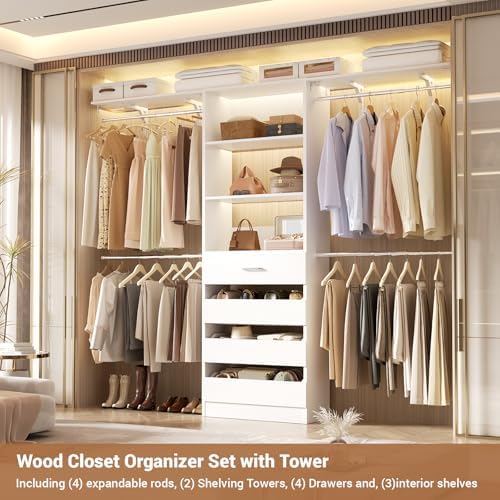 Aheaplus Closet System, Wood Closet Organizer System with Drawers, White