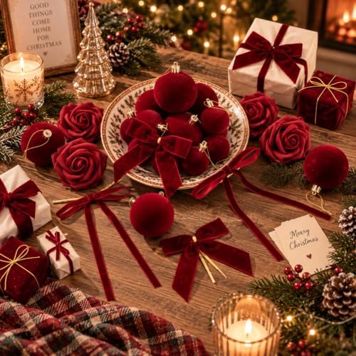 100 Pcs Velvet Rose Christmas Tree Decoration Ribbon Bow Ball Ornament Set
