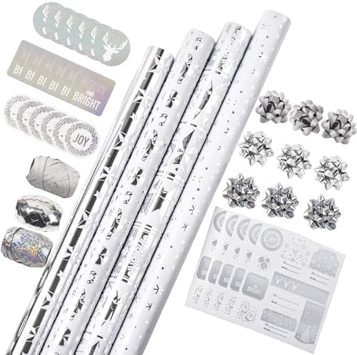 WRAPAHOLIC Silver Christmas Wrapping Paper Set - Silver Snowflakes and Candy Cane Holiday Collection with Metallic Foil Shine Wrapping Paper Bundle with Gift Bow & Ribbon & Tag & Sticker