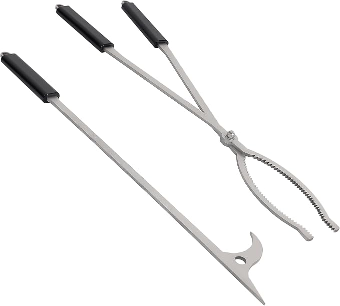 28in Firewood Tongs and Fire Poker Set Stainless Steel | Fire Poker and Fireplace Tongs Log Grabber Set for fire pit outdoor Bonfire Wood Stove Fire Pit Use, Portable Rustproof Saf