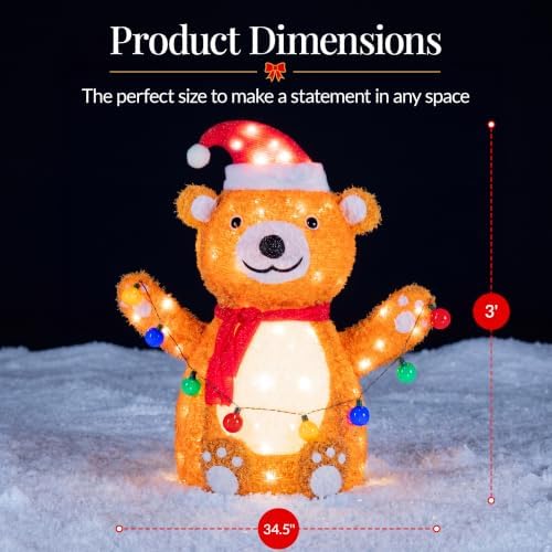 Best Choice Products 3ft Lighted Pop-Up Teddy Bear, Large Outdoor Christmas Holiday Decoration w/ 90 LED Lights, Hat, Scarf, Multicolored Lights