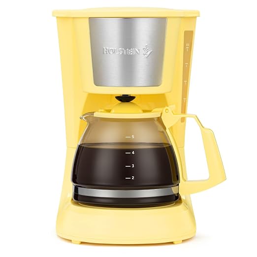 Holstein Housewares 5 Cup Drip Coffee Maker – Compact and User-Friendly with Auto Pause & Serve, Reusable Filter, Measuring Spoon & Glass Carafe, Office & Dorm Use, Yellow