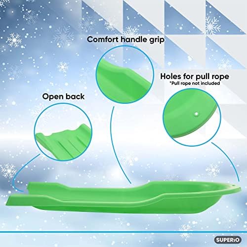 Superio Toboggan Snow Sled- 46” Plastic Slider for Kids and Adults- Heavy Duty Sled for 1 Rider with Pull Ropes for Downhill Sledding, Winter Outdoor Sports