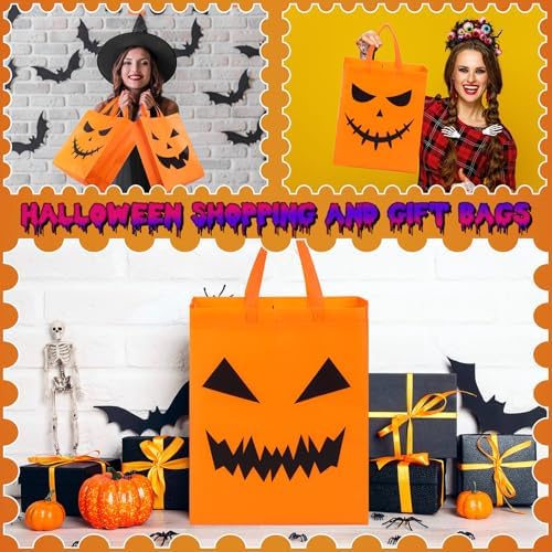Sanwuta 180 Pcs Halloween Tote Gift Bags 14.9 x 11.8 Large Treat or Trick Pumpkin Reusable Non Woven Candy Goodies Bag for Halloween
