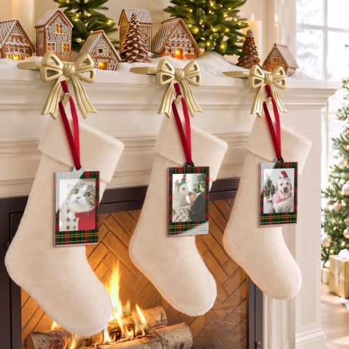 UNIQOOO 8 Set Christmas Acrylic Instax Red Green Plaid Photo Ornaments for Display Picture, 8.6 * 5.4cm Acrylic Hanging Photo Frame, Double-Sided Picture Frames for Home, Party, Tree Decorations