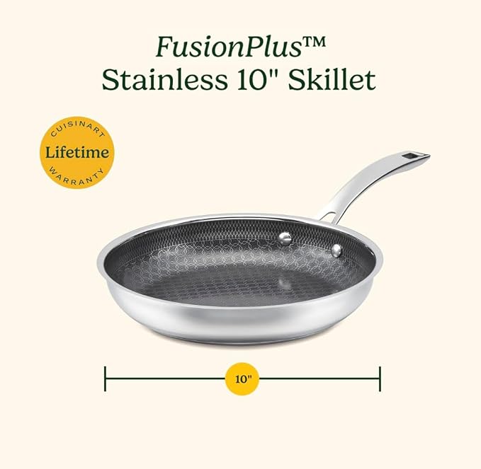 Cuisinart FusionPlus Hybrid Stainless Steel 10 Inch Skillet, PurelySear Hybrid Searing Surface, Oven Safe, Cool Grip Handle, Dishwasher Safe, Induction Compatible