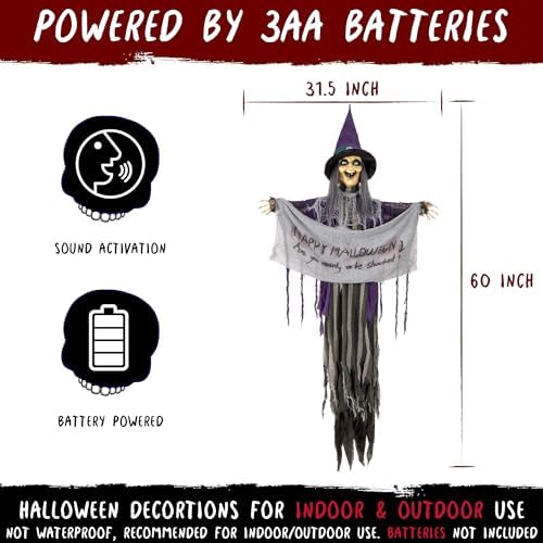 Halloween Animatronics 5ft Hanging Witch, 60inch Floating Animated Witch Decorations with Banner, Sound Activated, Creepy Voice, Light Up Eyes, Scary Move, Spooky Horror Prop for Indoor, Outdoor
