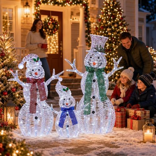 Large Christmas Snowman Family Decorations with Iridescent Rattan