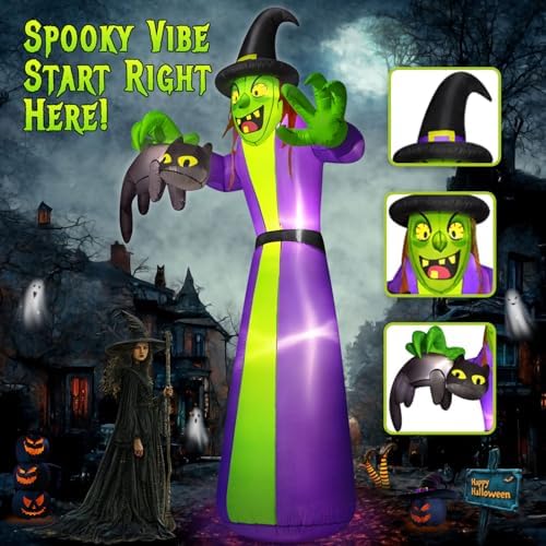 zukakii 12FT Giant Halloween Inflatables Witch Outdoor Decorations, Huge Halloween Blow Up Spooky Witch Grabbing Black Cat Yard Decoration Built-in LEDs & Strong Blower Large Tall for Lawn Party