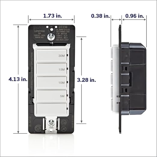 Leviton Countdown Switch for bathroom household lights, 5-10-15-30 min, Neutral Wire Required, 20A, 1HP/16A Fan/Motor, Single Pole, Multi-Way or Multi-Timer, DT230-1LW, White