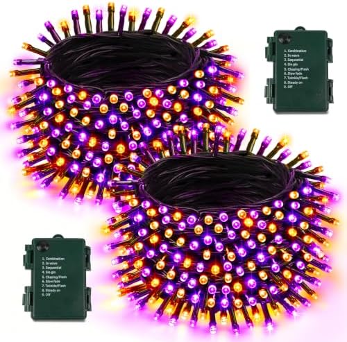 2 Pack 200 LED Battery Operated Halloween Lights, String Lights Green Wire