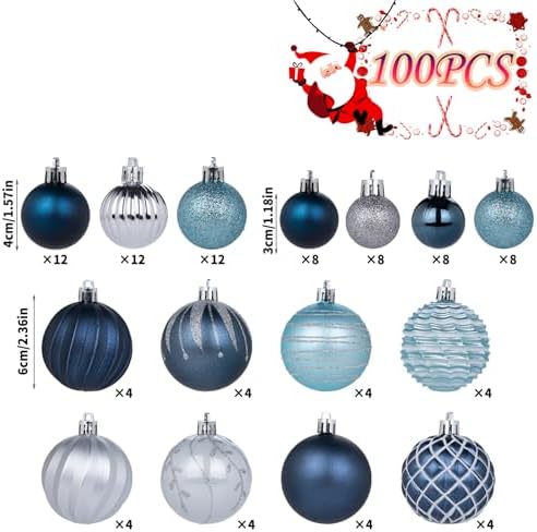 100Pcs Christmas Ball Ornaments Set, Assorted Shatterproof Christmas Ornament, Christmas Tree Theme Hanging Decoration for Xmas Tree Holiday/Party/Home Decor (Blue & Silver)