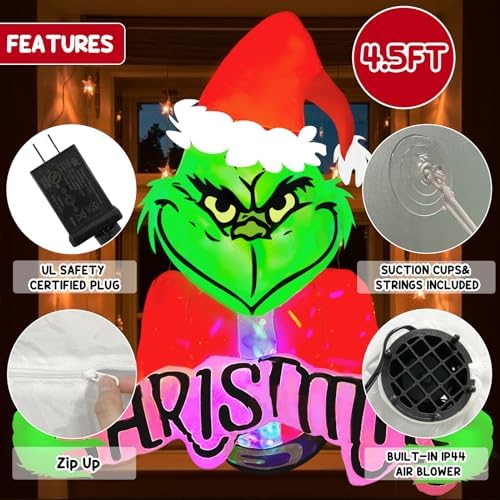 4.5ft Christmas Inflatable Outdoor Decorations Green Monster Broke Out from Window with Built-in LED Rotating Lights Blow Up Inflatable for Christmas Decoration Indoor Yard Lawn Garden Xmas Decor