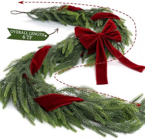 Christmas Decor - 6FT Norfolk Pine Garland with Ribbon Bows Red Velvet