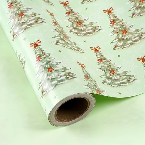 WRAPAHOLIC 30 Inch Reversible Christmas Wrapping Paper - 30 Inch x 33 Feet - Light Green Christmas Tree Wrapping Paper for Xmas Holiday, Party Celebration