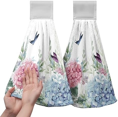 Blue Hydrangea Hanging Hand Towels Set of 2 Watercolor Summer Pink Flower Butterfly Kitchen Towels with Hanging Loop Green Leaf Dish Cloth Towels Soft Absorbent Fingertip Bath Tie Towels for Bathroom