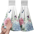 Blue Hydrangea Hanging Hand Towels Set of 2 Watercolor Summer Pink Flower Butterfly Kitchen Towels with Hanging Loop Green Leaf Dish Cloth Towels Soft Absorbent Fingertip Bath Tie Towels for Bathroom