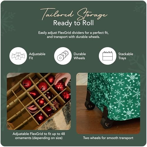 Covermates Keepsakes Rolling Adjustable Ornament Storage Bag – Heavy-Duty Polyester, FlexGrid Trays & Padded Dividers – Protective Holiday Organizer with Wheels, Handles & ID Window, Green Snowflake