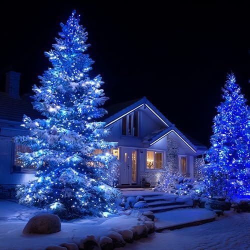 TW SHINE Christmas Lights, 600 LED 196FT Christmas String Lights Plug-in with 8 Modes Timer and Remote, Waterproof Outdoor Decorations for Bedroom Wedding Party Yard Tree Decor, Blue & White