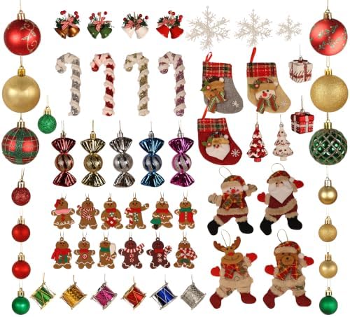 93 Pack Christmas Tree Ornaments Set, Shatterproof Baubles, Gingerbread Men, Santa Claus Reindeer, Stockings, Snowflakes Bells Decor for Xmas Holiday Home Party