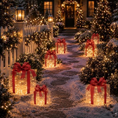 Rattanview 12 Set Christmas Lighted Gift Boxes Outdoor Holiday LED Decor