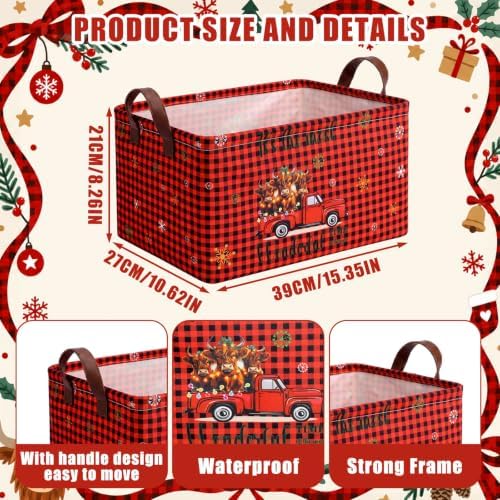 CHENGU 6 Pack Christmas Storage Basket Collapsible Christmas Basket for Gifts Highland Cow Holiday Decor Large Red Truck Bin Foldable Xmas Tree Box with Handle for Bedroom Office Home