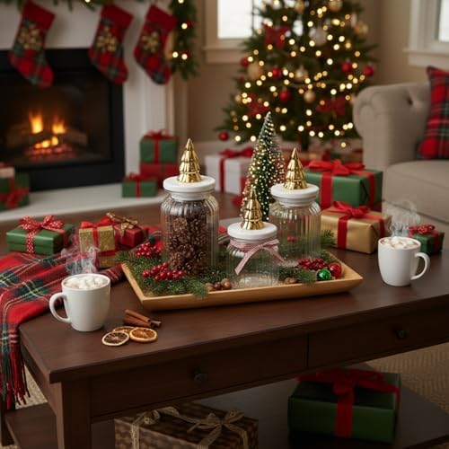 Mimorou 3 Set Christmas Glass Jars with Lids 44oz 33oz 22oz Ceramic Christmas Tree Candy Jars Airtight Xmas Glass Food Storage Containers for Xmas Party Tea Cookie Snacks Sugar
