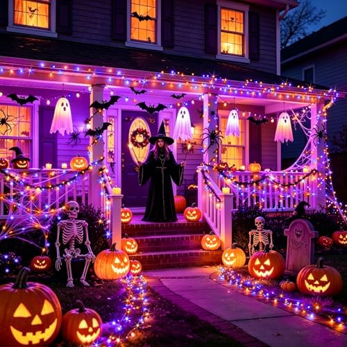KNONEW Orange Purple Halloween Lights Outdoor 99FT 300 LED String Lights