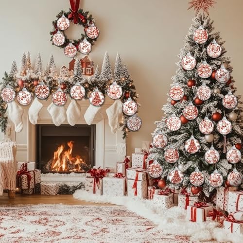 Outus 16pcs Red Toile De Jouy Santa Snowman Christmas Ball Tree Ornaments