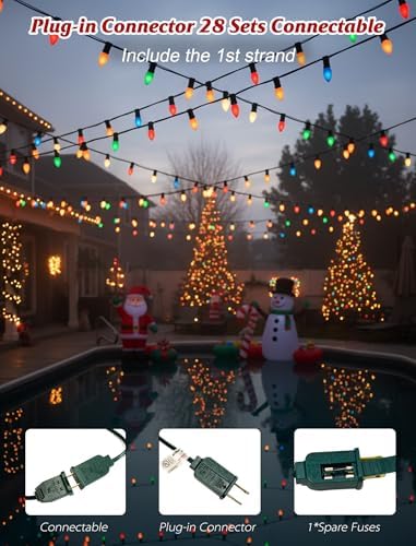 SUNSGNE C7 LED Christmas Lights Outdoor, 25FT Vintage Colored Christmas Lights with 25 C7 LED Shatterproof Plastic Multicolor Bulbs for Patio Backyard Porch Balcony Gazebo Party Decor, Green Wire