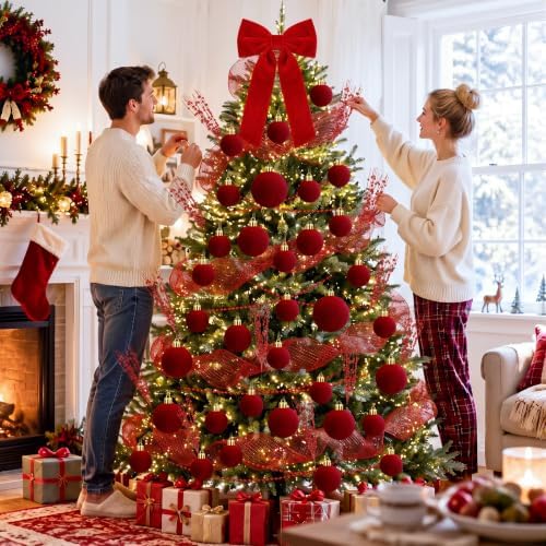 56 Pcs Christmas Tree Decorations Bow Topper Ornaments Flocking Balls Red Berry Picks Webbing Beaded Necklace Christmas Tree Hanging Ornaments for Xmas Home Office Decorations