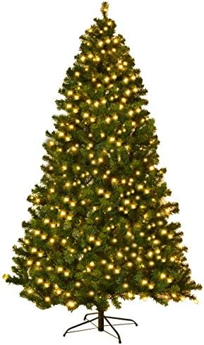 HAPPYGRILL 7.5FT Pre-lit Christmas Tree Artificial Hinged Xmas Tree for Home Holiday Décor, Metal Stand PVC Material 400 LED Lights, 1346 Branches Easy Setup & Storage