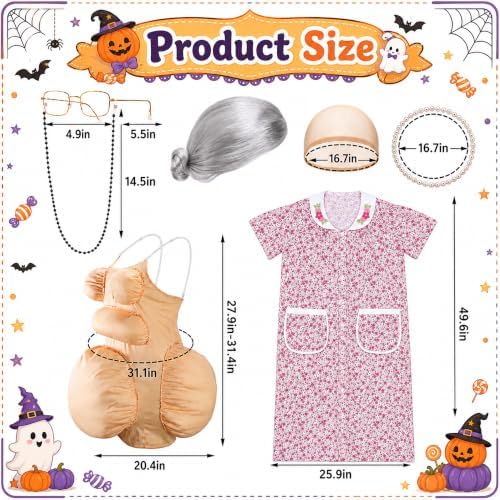 7 Pcs Halloween Fat Old Lady Costume Set, Grandma Dress Fat Suits