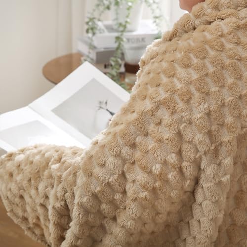 Puncuntex Beige Throw Blanket 60"×80" inches Fuzzy 3D Jacquard Decorative