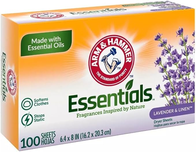 ARM & HAMMER Fabric Softener Sheets, 100 sheets, Lavender and White Linen (Pack of 6-600 Sheets Total)