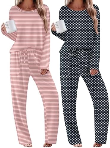 Ekouaer 2 Pack Womens Pajama Sets Long Sleeve Long Pants Pjs Loungewear