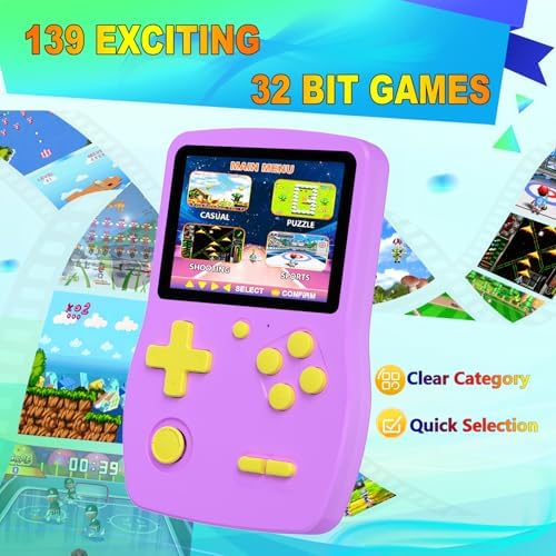 32 Bit Handheld Games for Kids Preloaded 139 Retro Video Games, Purple