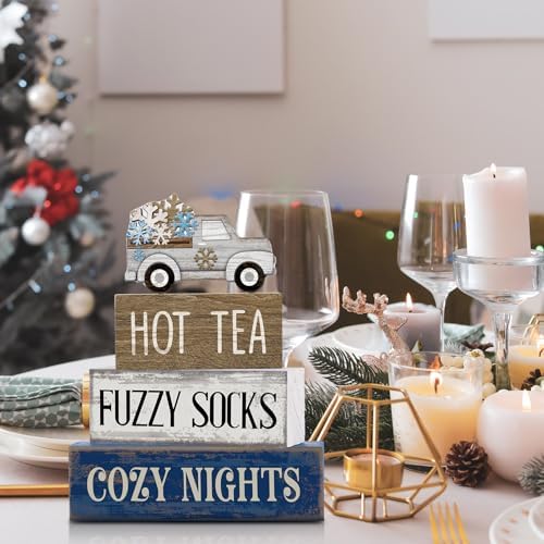 Lineshading 4 Pcs Snowflake Truck Tiered Tray Decor Wooden Block Signs