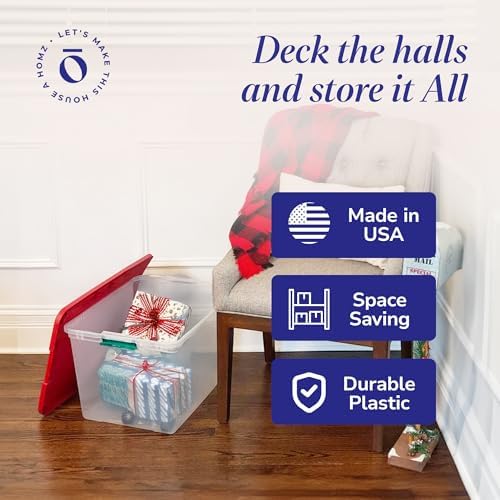 HOMZ Clear Plastic Storage Bin with Secure Latching Red Lid, 64 Qt, 2 Pack