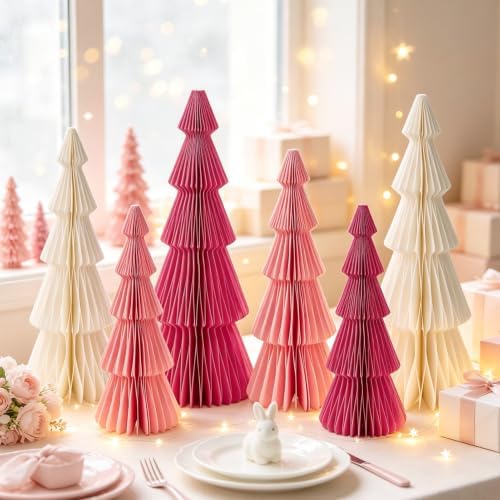 SUNBEAUTY Pink Honeycomb Paper Christmas Trees, 6pcs Foldable Honeycomb Trees, Christmas 3D Paper Tree Table Centerpieces for Home Indoor Modern Xmas Tabletop Holiday Decor