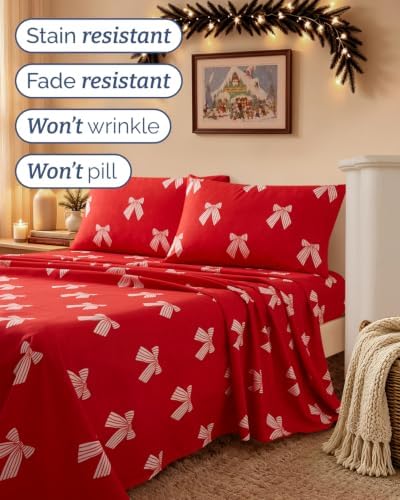 Christmas Sheet Set, Red Ribbon Bows, Holiday Xmas Bedding Set - Full Size