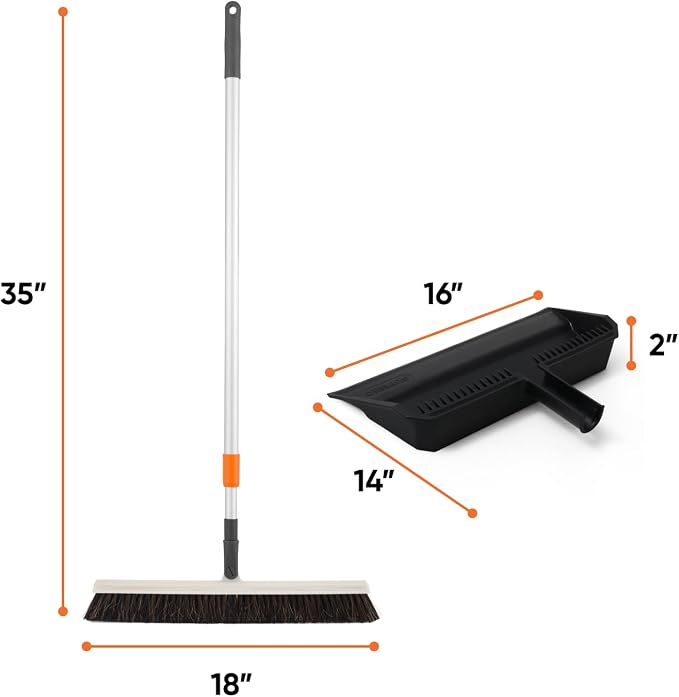 Superio 18" Horse Hair Upright Broom with Telescopic Handle & 16" Black Dustpan with Comb, Rubber Lip & Clip – Narrow Thin Dust Broom for Dog Hair – Hardwood & Tile Floor Cleaning Set – Gray/Black
